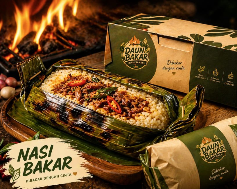 Nasi bakar enak dengan aroma daun pisang dan isian melimpah yang menggugah seleraMenu nasi bakar enak khas Daun Bakar dengan aroma daun pisang autentik dan proses fresh grilled yang menghasilkan rasa gurih dan smoky yang menggugah selera.