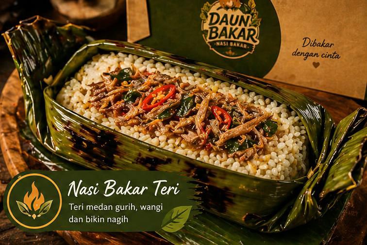 Nasi bakar enak teri dari Daun Bakar hadir dengan tampilan estetik dan proses fresh grilled setiap hari.
