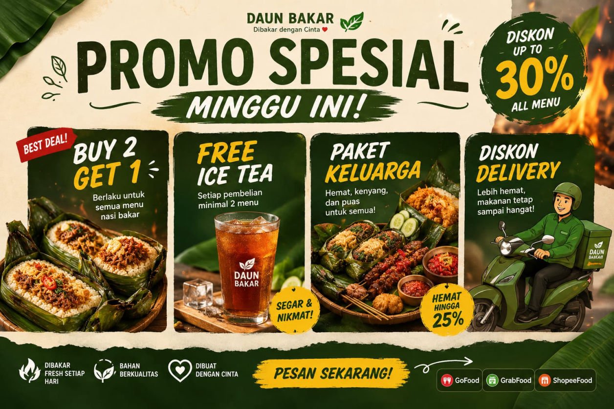 Nasi bakar enak dari Daun Bakar hadir dengan promo menarik, aroma daun pisang khas, dan rasa autentik yang bikin nagih di setiap gigitan.